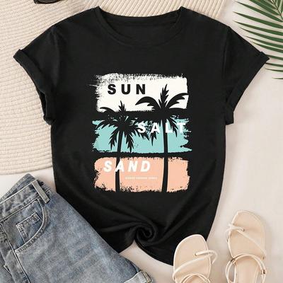 Moda feminina estampa de coqueiro camiseta engraçada casual gola redonda manga curta camiseta verão camiseta feminina