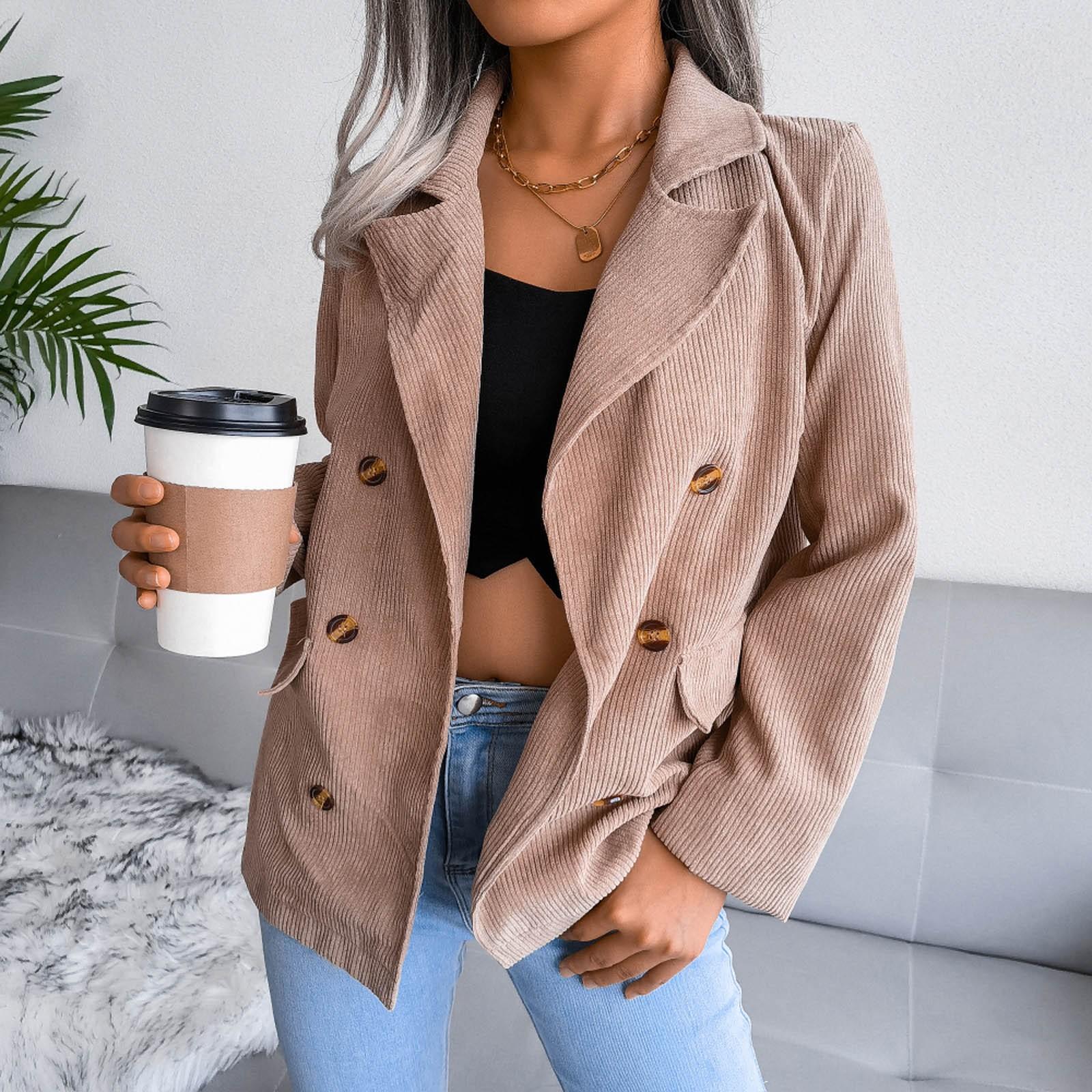 

Женская мода сплошной цвет Slim Fit двубортное пальто L хаки