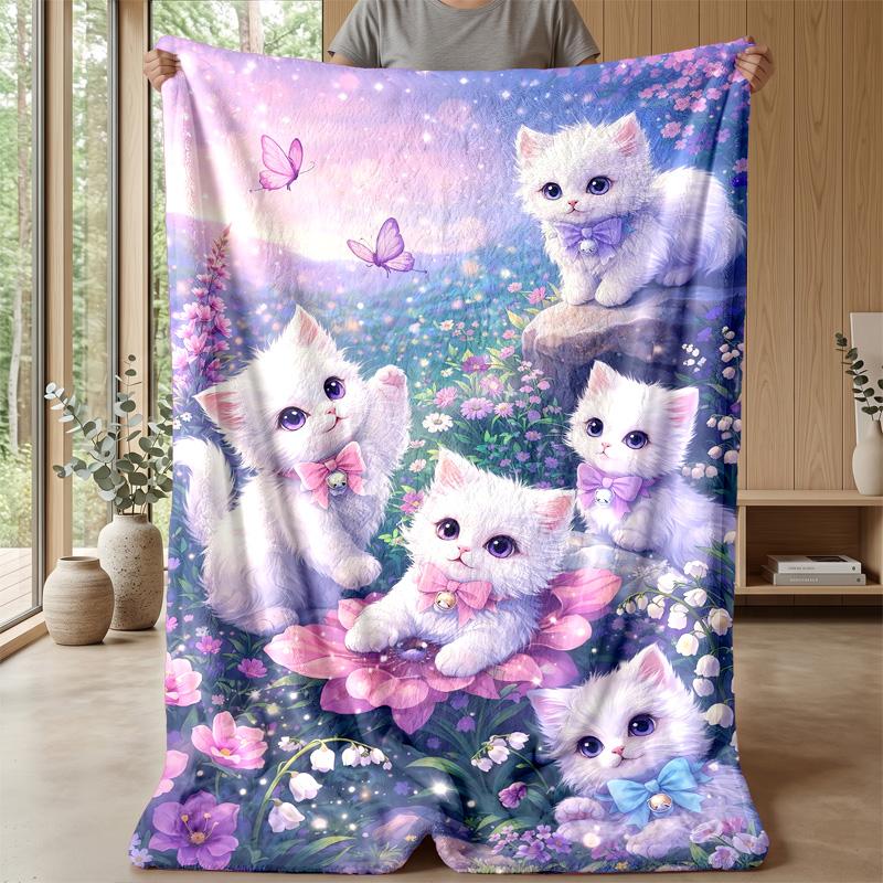 Cute Kitten with Dragonflies blanket Personalized Name Flannel Blanket Soft Cozy Plush Throw for Sofa Bed Lightweight Home Decor