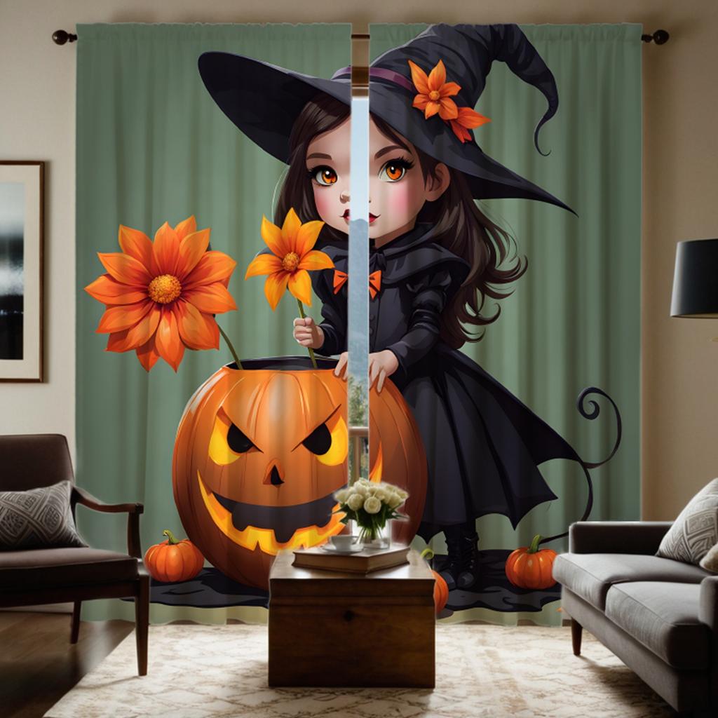 2pcs Set HD Halloween with Jack-o '-lantern Flower Witch Curtain Green Tie Digital Printed Curtain Home Decoration Style Deco