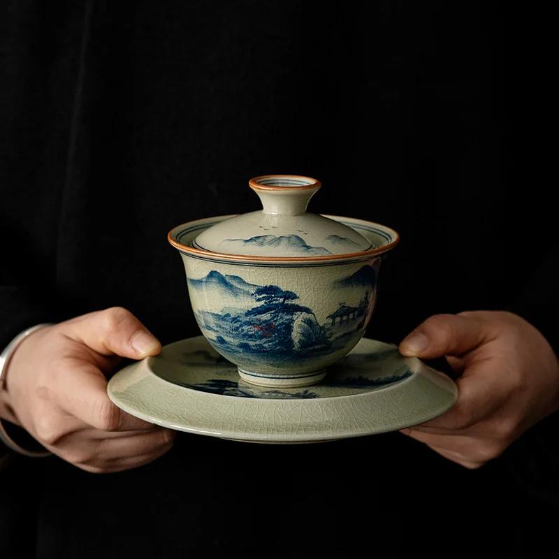 Hand Painted Ceramic Opening Landscape Gaiwan For Tea Tureen Teaware Cup Chinese Tea Bowls Vintage Chawan Tea Ceramony Set