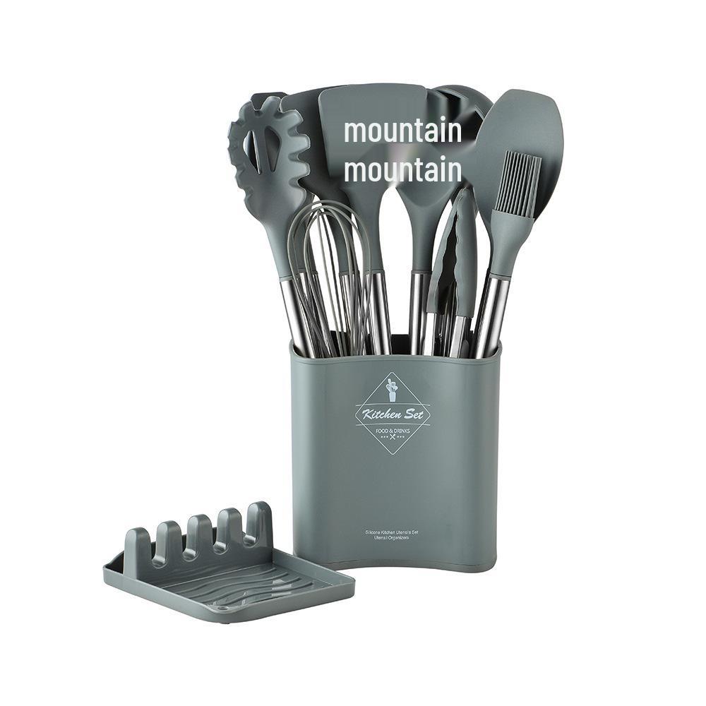 13-Piece Stainless Steel Handle Silicone Kitchen Tools Set - Non-stick Frying Pan, Spatula, Spoon, and More