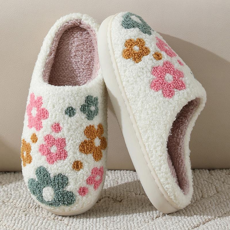Fashion Round Toe Floral Cotton Slippers Women Winter Faux Fur Warm Slides Woman Comfortable Soft Insoles Non Slip Plush Shoes Ladies