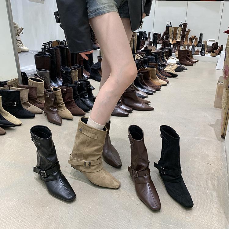 Vintage Suede Khaki Short Boots Women's Boots French Boots Autumn Niche Design Western Pile Boots Knight Boots