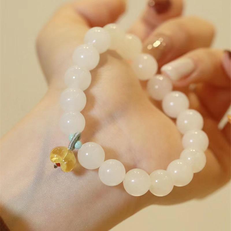 

Natural Hetian Jade Gourd Bracelet White Jade9Silver pearl bracelet with round beads, a gift for girlfriend or best friend 10mm White Jade