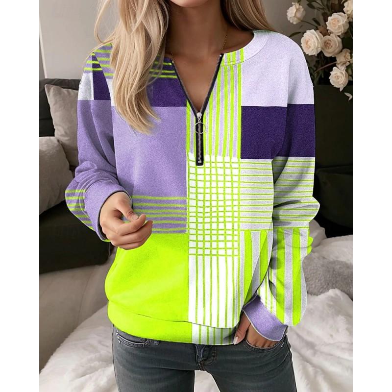 Womens V-Neck Half-Zip Long Sleeve Oversized Hoodie With Geometric Print Casual Comfort Fit 2025