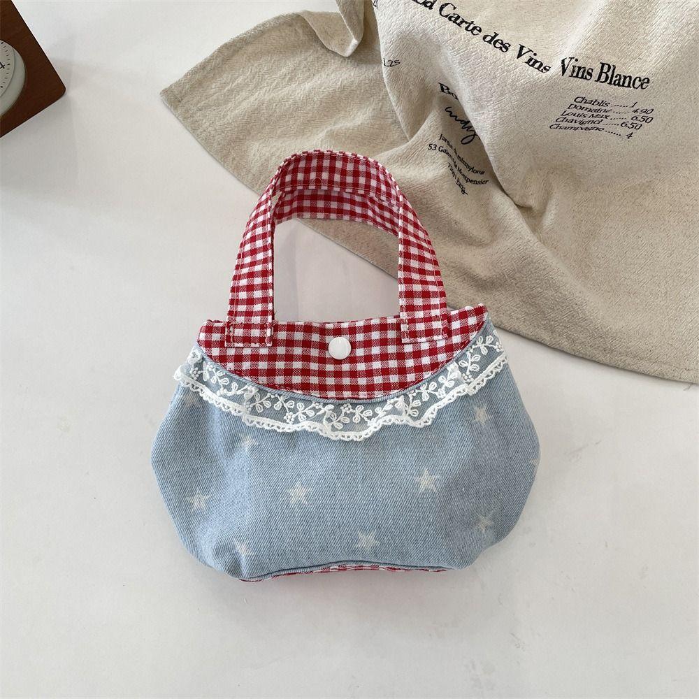 Sweet Fresh Lace Handbag Korean Style Cute Coin Purse Vintage Denim Plaid Handbag  Students