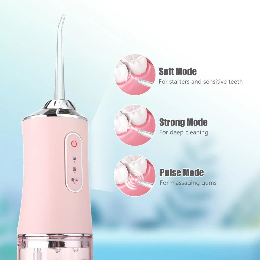 Munddusche, tragbare Dental-Wasserflosser, USB wiederaufladbar, Wasserstrahl, Zahnseide, Zahnstocher, 4 Düsenspitzen, 220 ml, 3 Modi, IPX7, 1400 U/min