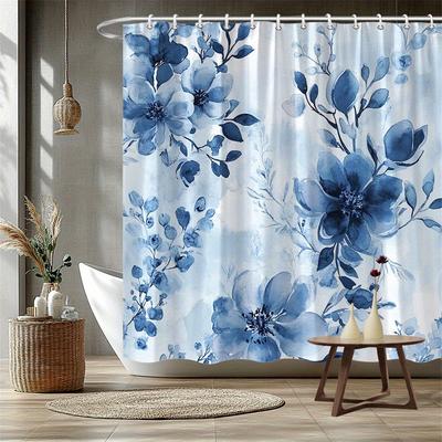 1 cortina de ducha con estampado floral azul y blanco, de tela de poliéster, lavable a máquina, ideal para la decoración del baño.