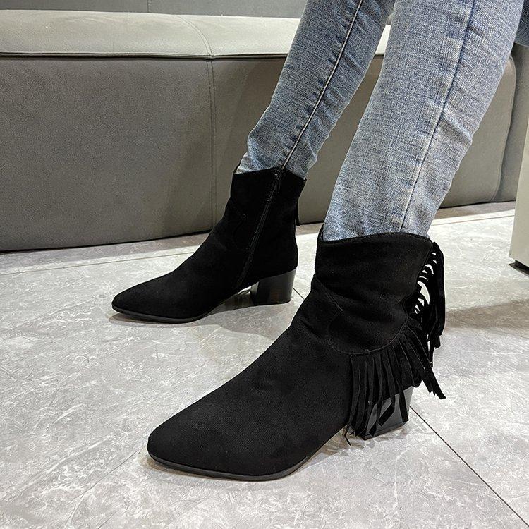 Women's Autumn and Winter Martin Boots Frosted Oversized Fringed Mid-heeled Boots Side Zipper Vintage Pointed Boots