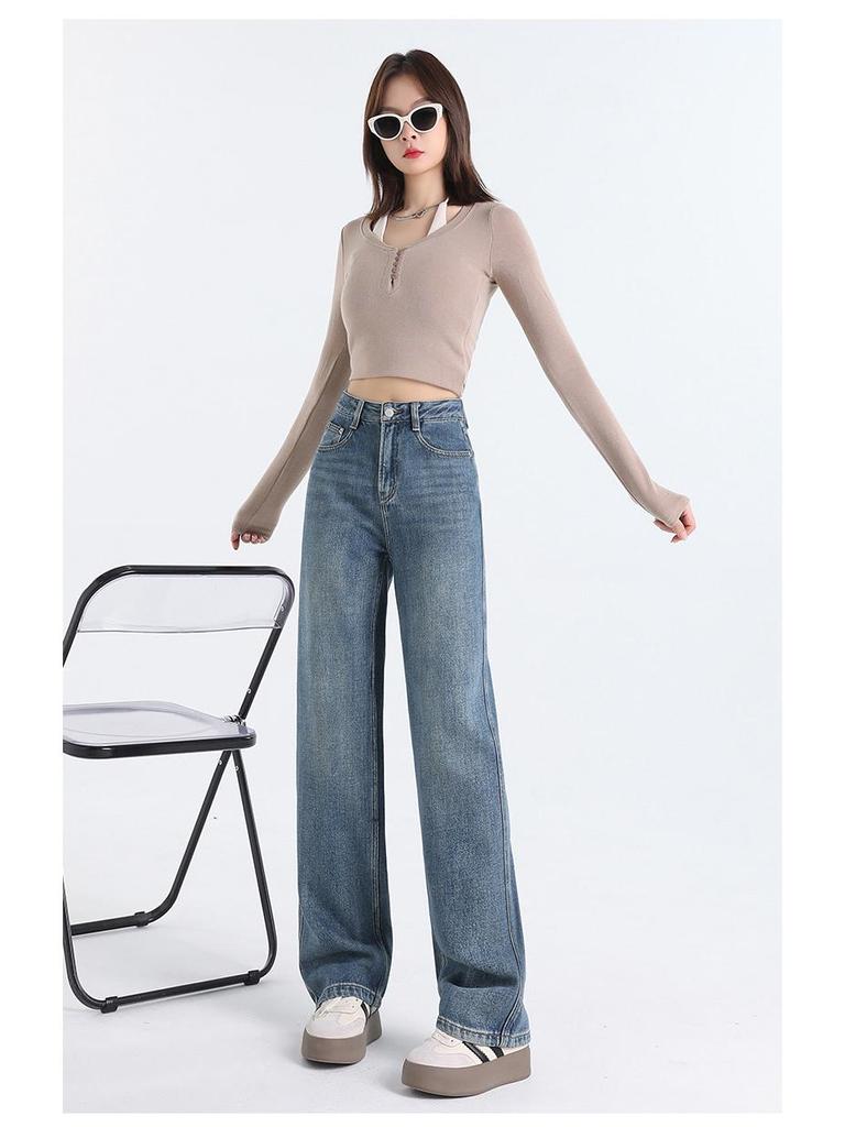 Damen Jeans mit hoher Taille und weitem Bein – Frühling/Sommer Lockerer Schnitt, Bodenlang, Schlankmachend, Vielseitiger Gerader Schnitt