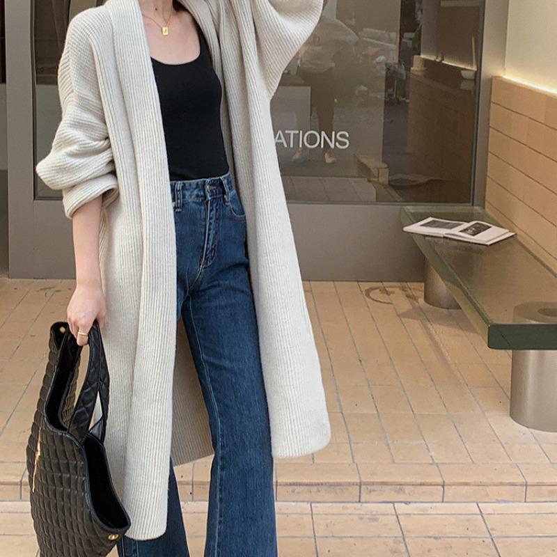 Autumn and winter new medium and long knitted cardigan women's loose lazy style commuting versatile sweater jacket