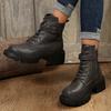 Retro Dicksohlige Braune Stiefeletten Damen 2025 Winter Metall Schnalle Dekoration Kampfstiefel Übergröße Damenschuhe mit Plateau