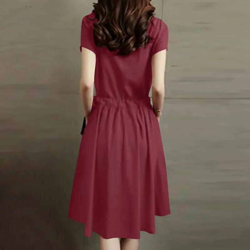 Einfarbiges Baumwoll-Leinen-Kleid, Mittellang, Schnürung, Taillenbetonend, Schlankmachend und Modischer Weiter Rock