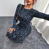 Women's Elegant Leopard Print Long Sleeve Round Neck Sexy Waist Tight Dress