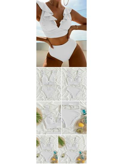Multicolor Ruffle V-Neck High Waist Bikini - Women's European & American Beach Swimwear
