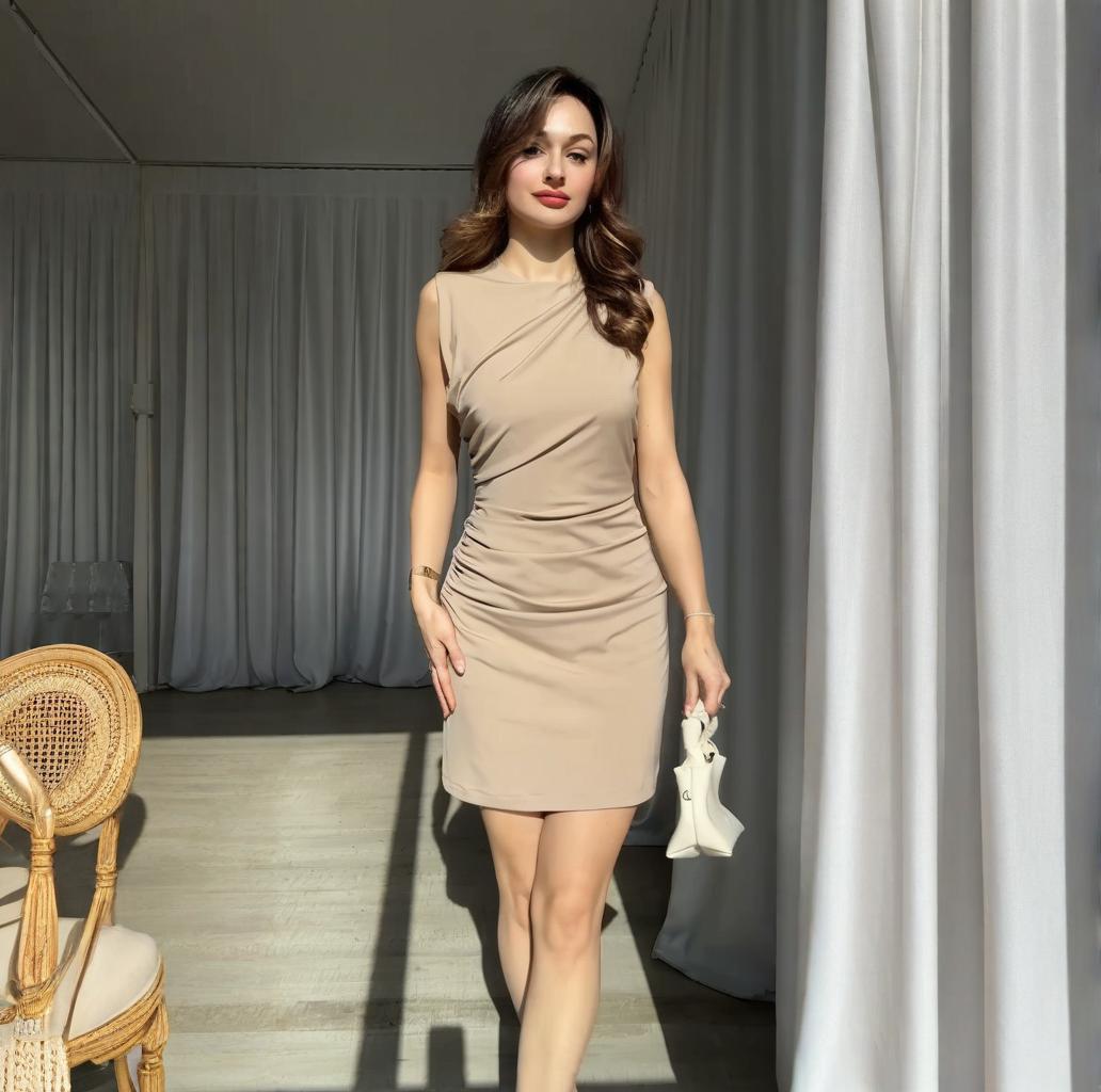 

2025 Summer European-American Round Neck Pleated Sexy Slim Fit Hip-Wrap Dress Small абрикосовий