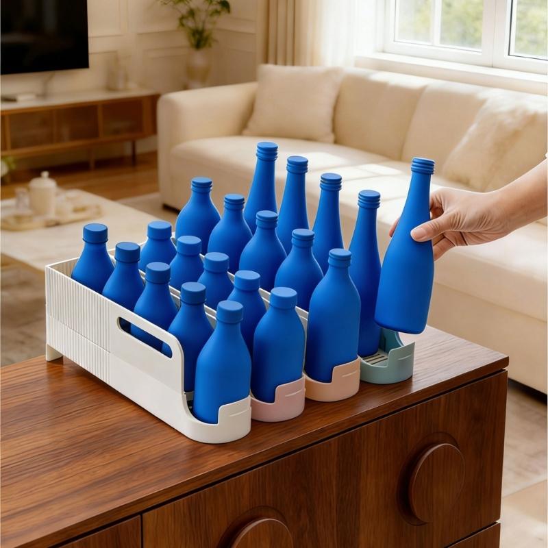 Innovative Drink Bottle Rack Beverages Dispenser For Refrigerator And Countertop Featuring Smooth Slide Out Mechanism