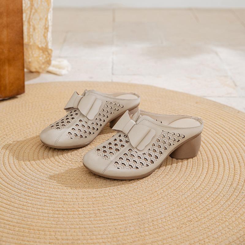 Johnature Women's Slippers Genuine Leather Hollow-out Thick Heel Flower Round Toe Versatile Women's Shoes