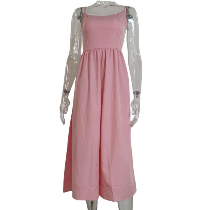 Women Summer Dress Solid Color U Neck High Waisted Pleated Halter Swing Dress