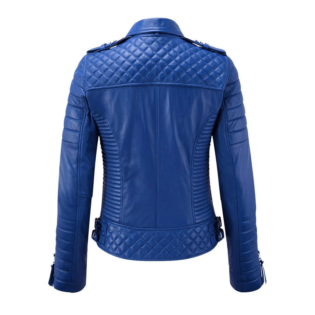 SKINOUTFIT Women's Motorcycle Leather Jacket Genuine Royal Blue Lambskin Cafe Racer Biker Outerwear