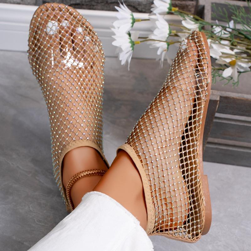 Ladies' Summer Round Toe Sandals with Hollowed Out Internet Celebrity Studded Diamond Short Boots, Sexy Plus Size Flat Shoes, Breathable