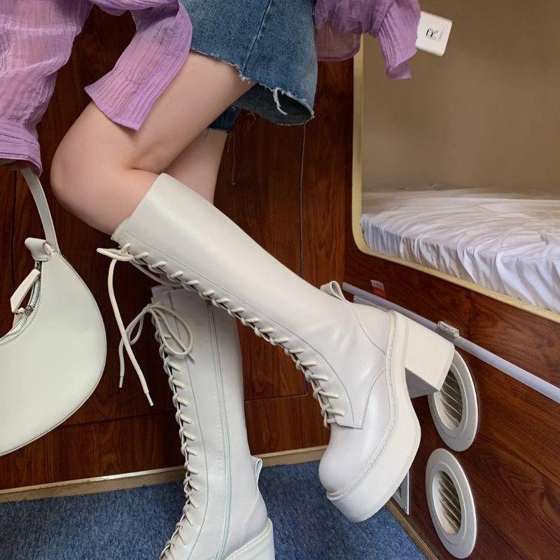 Womens Knee Length Boots Fashion Thick-soled Casual Boots High Quality Leather Boot Lace Up Platform Boots for Women Botas Mujer