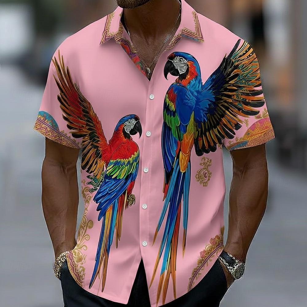 Men's Parrot Bird 3D Print Hawaiian Shirt Tropical Aloha Shirt Short Sleeve Button Up Turndown Shirt for Summer Beach Wear