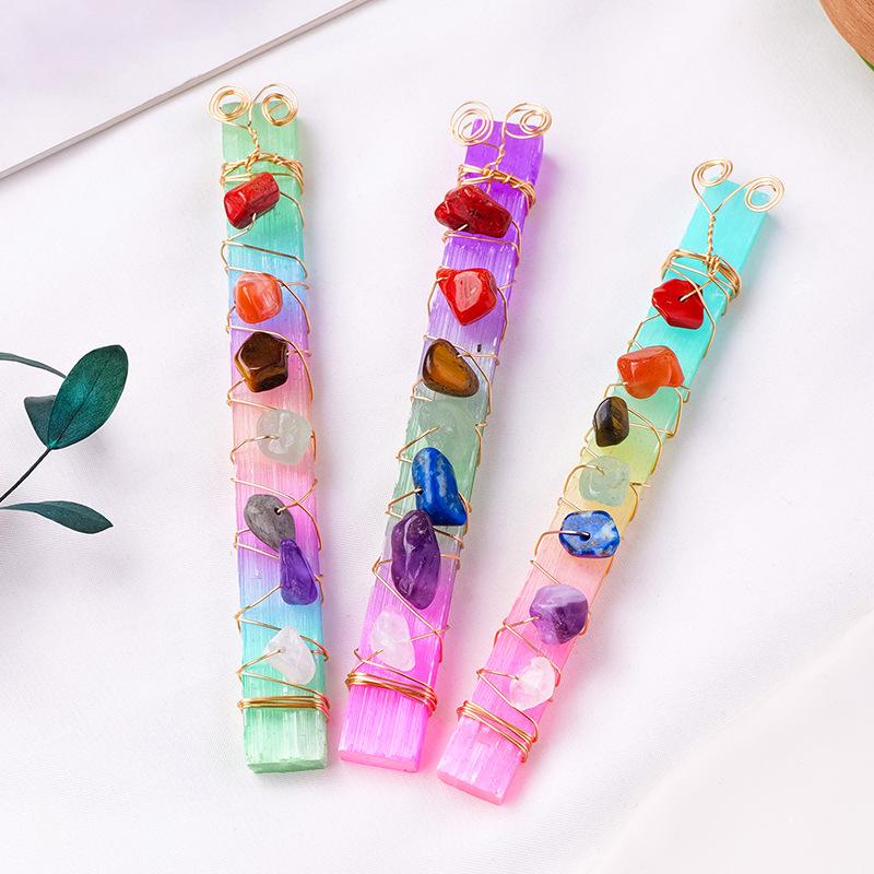 Natural Selenite Stick Wire Wrapped 7 Chakra Stones Healing Rock Stone Specimen