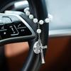 Imitation Pearl Rosary Steering Wheel Pendant, Alloy Cross Charm, Catholic Car Safety Hanging Ornament, Interior Car Decoration