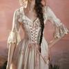Rochie subțire cu mânecă medie, cu dantelă, model floral roz, stil country francez, LaceMa Palm Garden