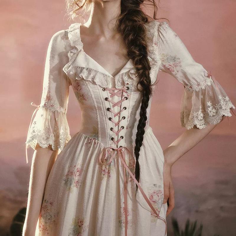 

LaceMa Palm Garden French Country Pink Floral Slimming Mid-Sleeve Dress M абрикосовый