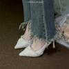 Fashion Pointed Toe Single Shoes Women's 2025 Summer New Versatile Pearl French Lace Ribbon Bridesmaid Shoes Stiletto Heels