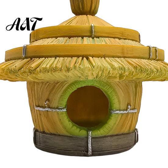 Rustic Thatched Roof Bird House Hut House, Decorative Resin Weatherproof Hanging Nest for Backyard Shelter Outdoor Garden Decor Watching Gift Lovers
