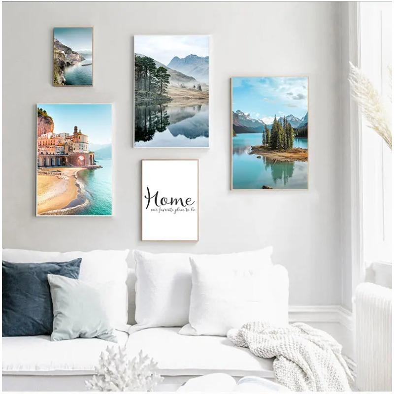 Mountain Lake Reflection Picture Nature Scandinavian Nordic Decoration Coastline Cityscape Print Wall Art Canvas Painting