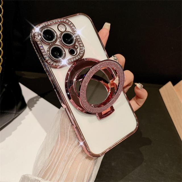 For iPhone 16 Pro Max Luxury Glitter Holder Stand Plating Frame Phone Case For iPhone 11 12 13 14 15 16 Plus Flash Diamond Cover