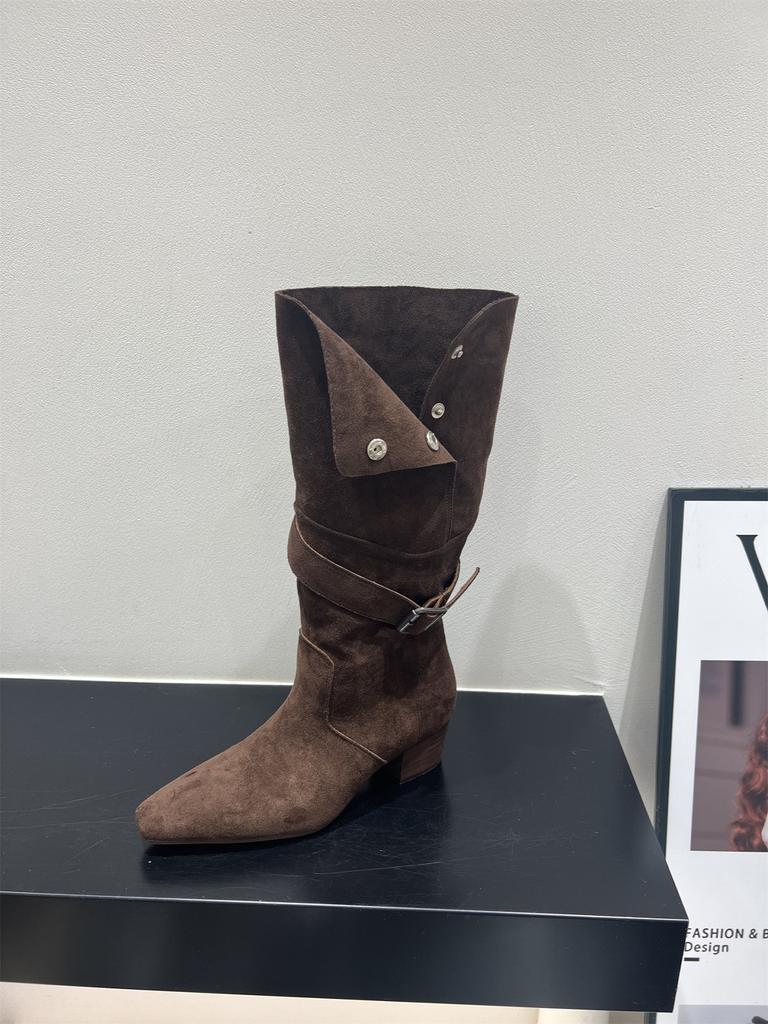 High Heel Suede Pointed Pile Boots Medium Knight Boots Women's Boots Season Brown Long Skinny Boots