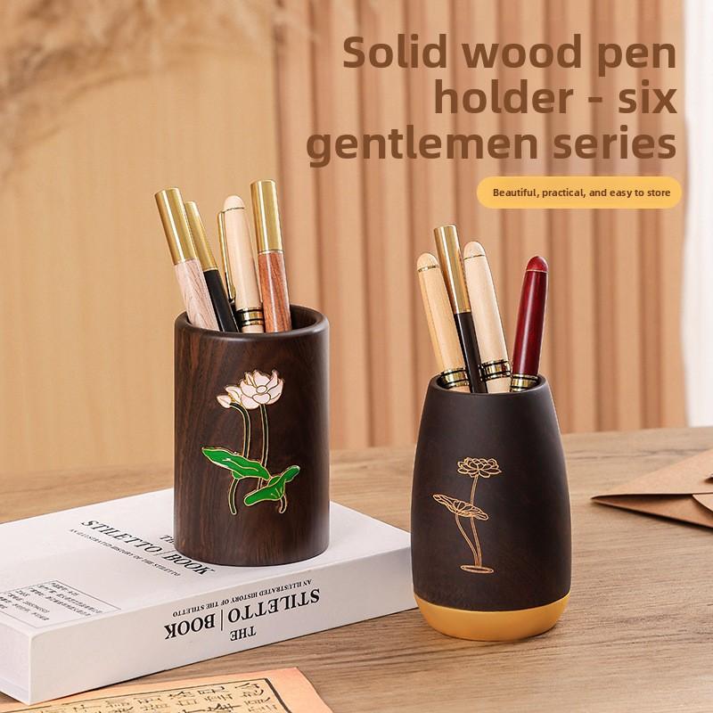 1pcs Multifunctional Ebony Wood Pen Holder Chinese Style Engraved Desktop Organizer Retro Wooden Desk Decor Business Gift Box