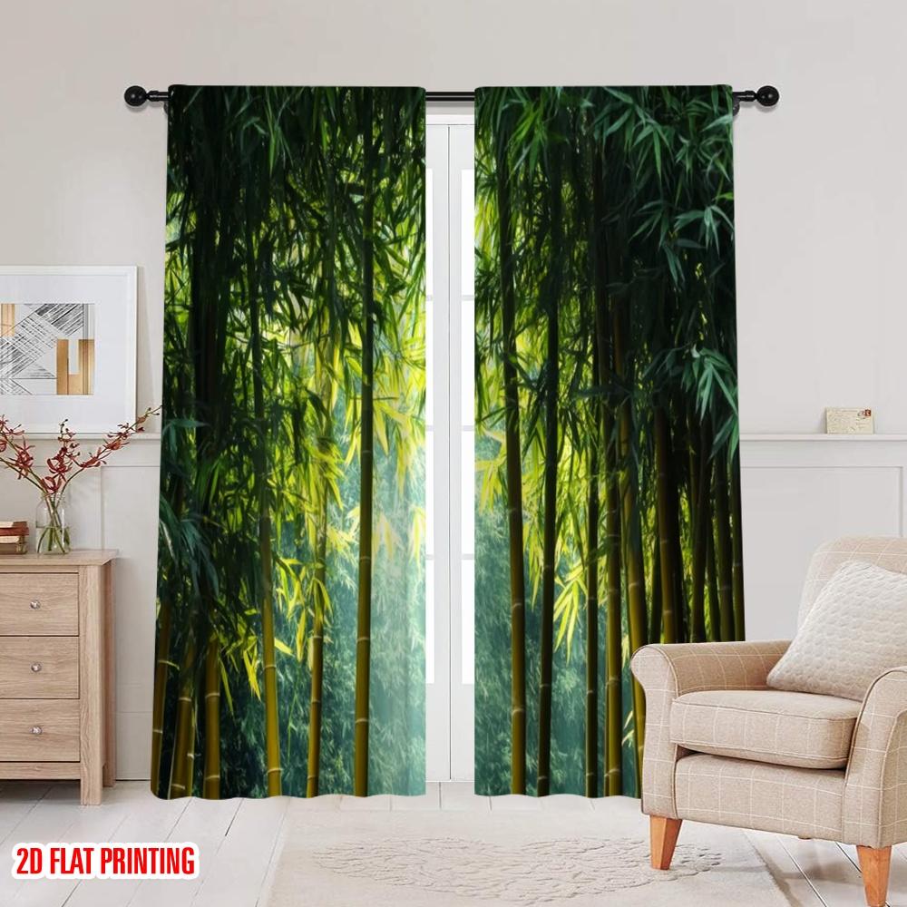 2pcs,2D Plane Printing Contemporary Curtains Bamboo Forest Burst Polyester Fabric (without Rod) Festive Use for Bedroom, Living