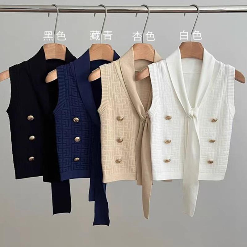 Fashion Elegant Sleeveless V Neck Bow Lace-up Women Shirt Vests New Casual Solid Color Knitted Short Sweater Buttons Tops Office Lady Slim Clothes