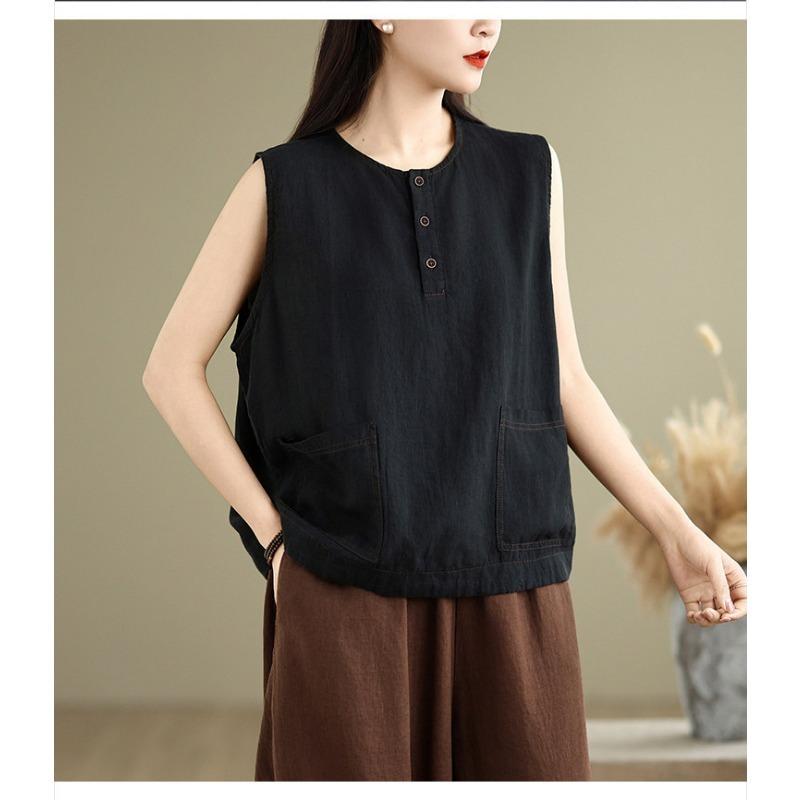 Women Vintage Cotton Linen Sleeveless Vest Button Design Loose Fit All Match Art Style Summer New Casual Tank Top