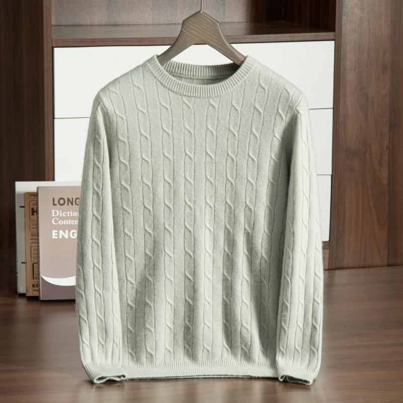 Men's Cashmere Crew Neck Sweater - Thick Cable Knit, Business Casual Loose Fit.