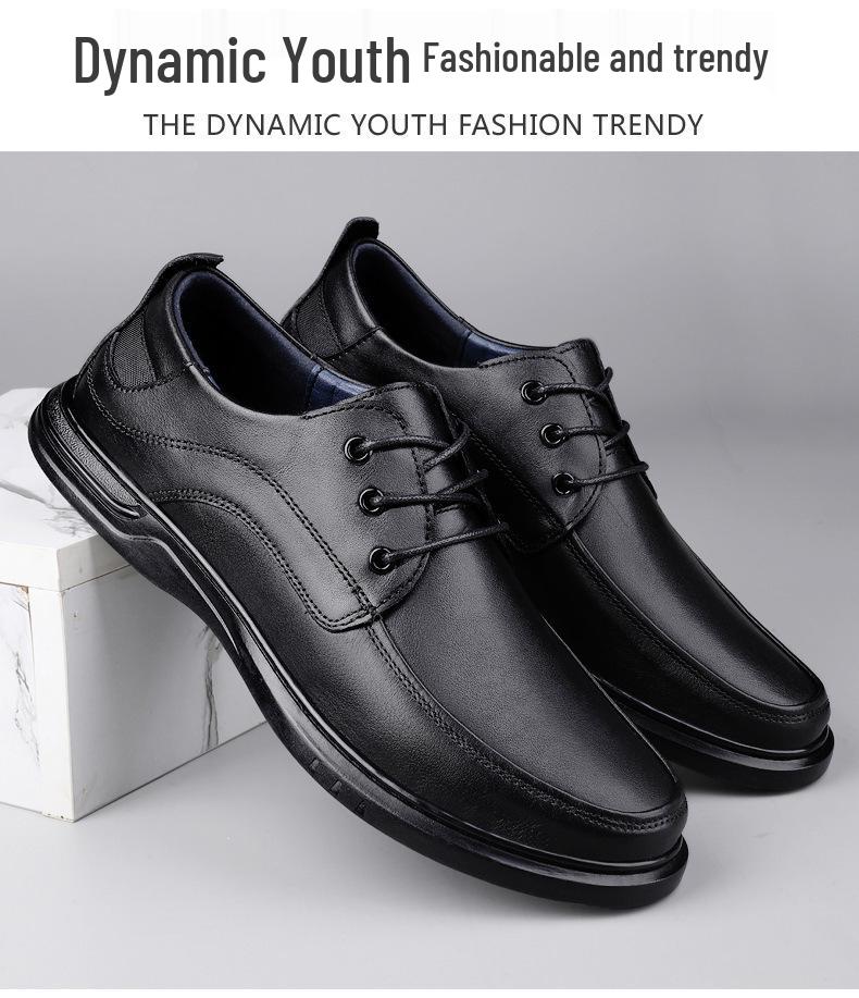 Men's Spring Leather Casual Business Lace-up Shoes - Genuine Leather, Comfortable, Large Sizes Available
