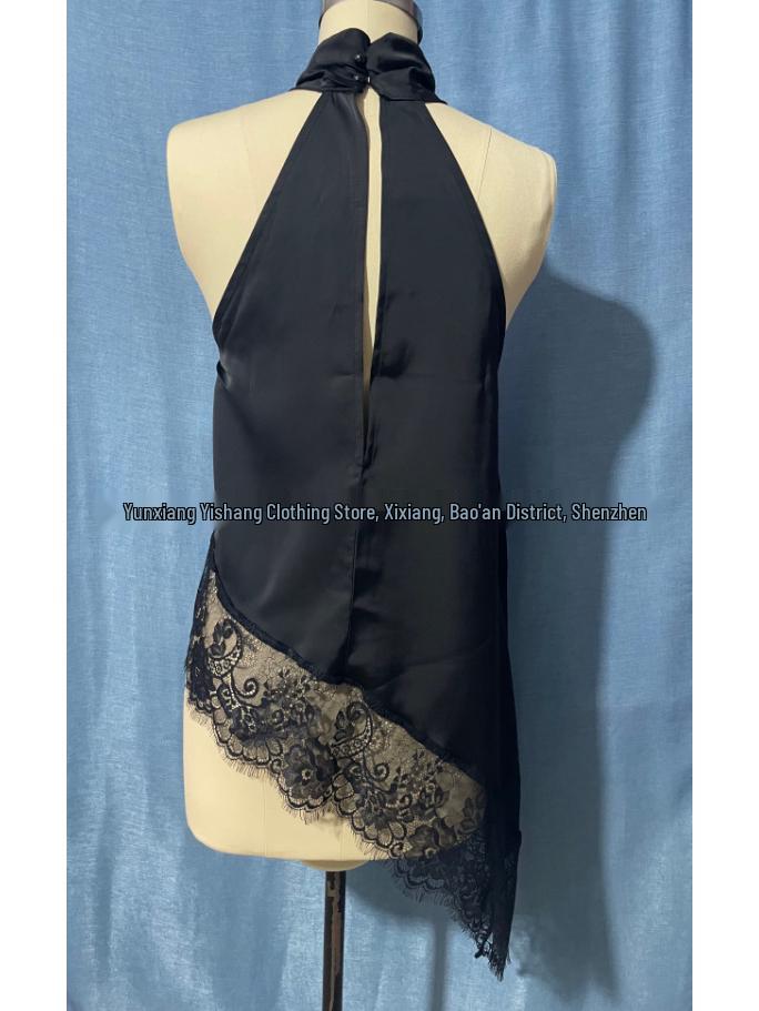 2025 Women's Satin Halter Neck Sleeveless Asymmetrical Camisole with Lace Trim