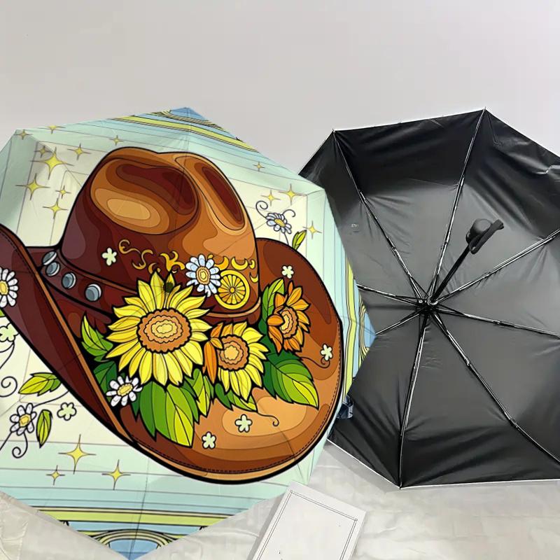 Western Cowboy Hat with Sunflowers and Daisies - Automatic Opening Umbrella, Portable Tri-Fold Design, 8-Bone Iron Frame, , Festival Gift Fo