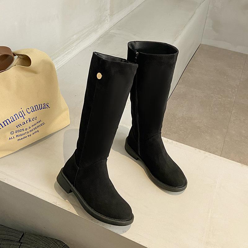 2025 New Knee-length Fashion Boots Knight Boots Matte Suede British Style Round Head Low Heel Niche Thin Boots