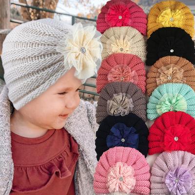 Gorro de lã quente infantil, gorro de malha com flores de outono e inverno