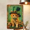 Vintage Metal Poster Cat Leprechaun Hat Irish Decor for Wall