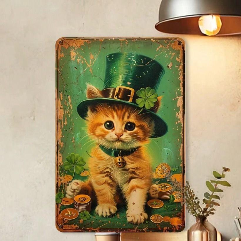Vintage Metal Poster Cat Leprechaun Hat Irish Decor for Wall