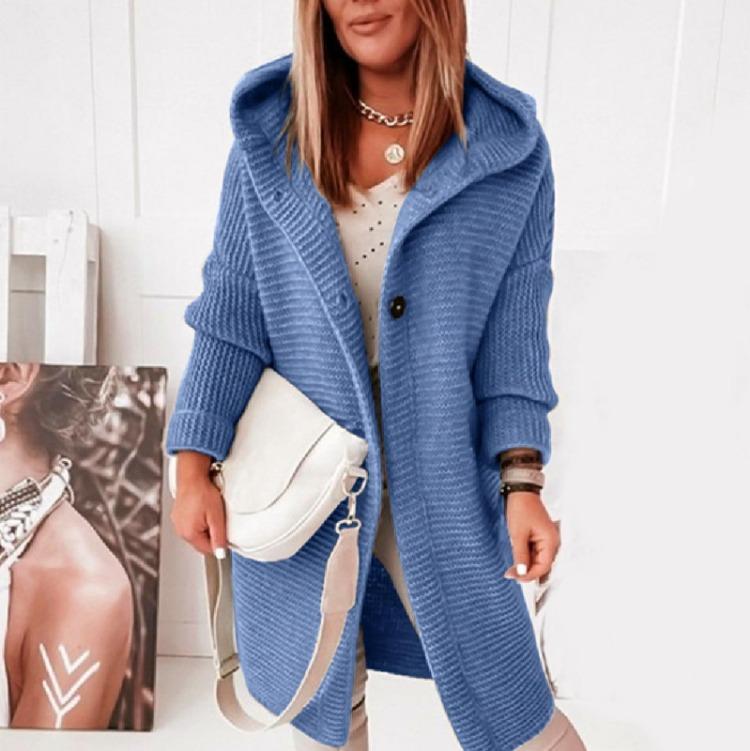 Ciepły damski długi sweter-płaszcz z kapturem, gładki, dzianinowy, gruby kardigan zimowy
